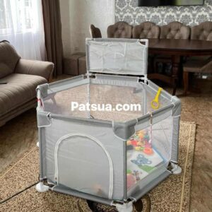 🟢 სათამაშო სივრცე -  ექვსკუთხედი ნაცრისფერი მანეჟი (ზომით 125-110) PLAYPEN